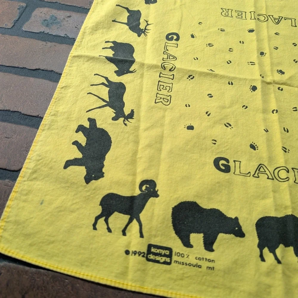 Vintage 1992 Konya Designs Glacier National Park Yellow Cotton Bandana Scarf